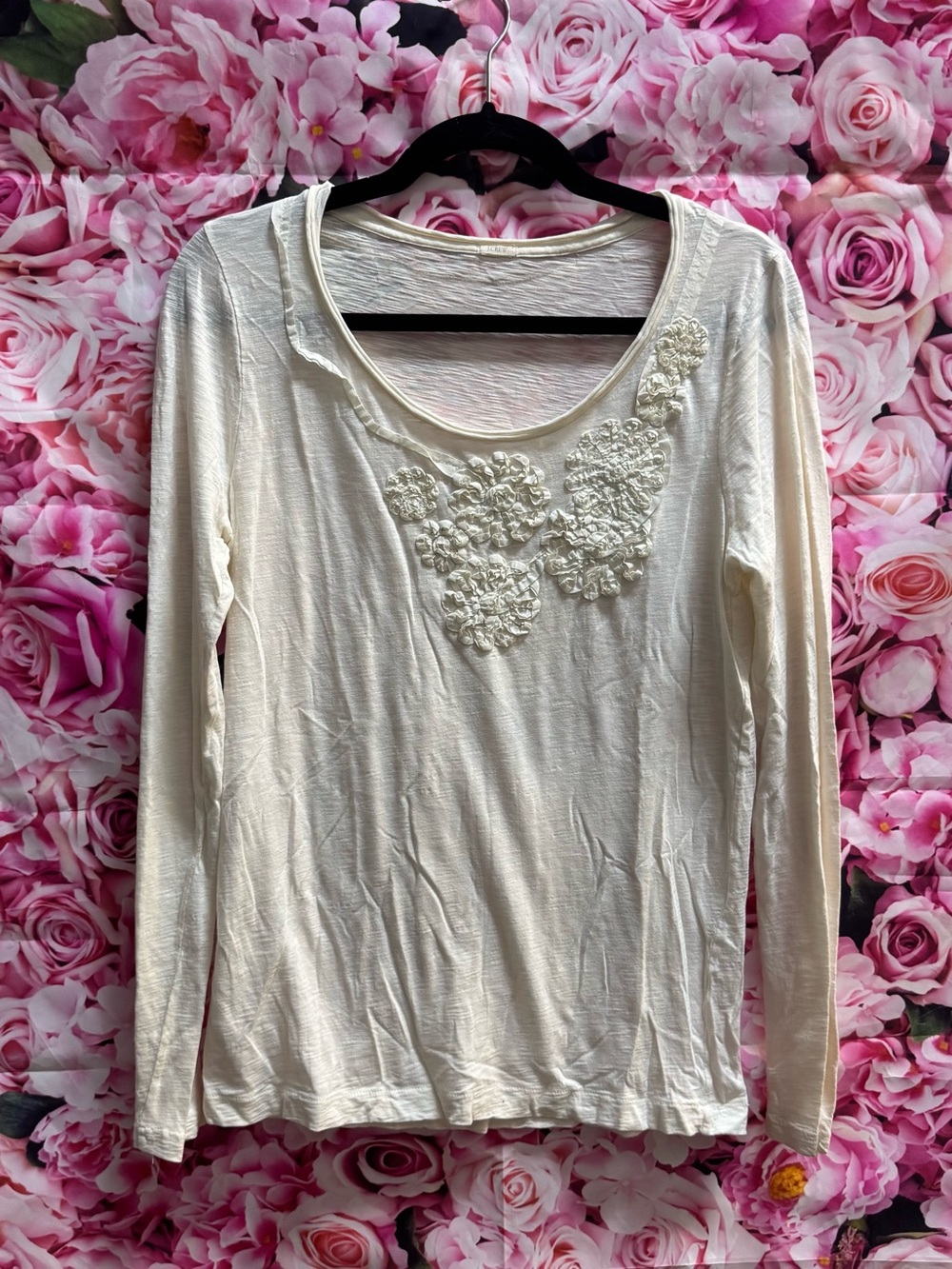 J. Crew Cream Long-Sleeve Floral Appliqué Scoop Top